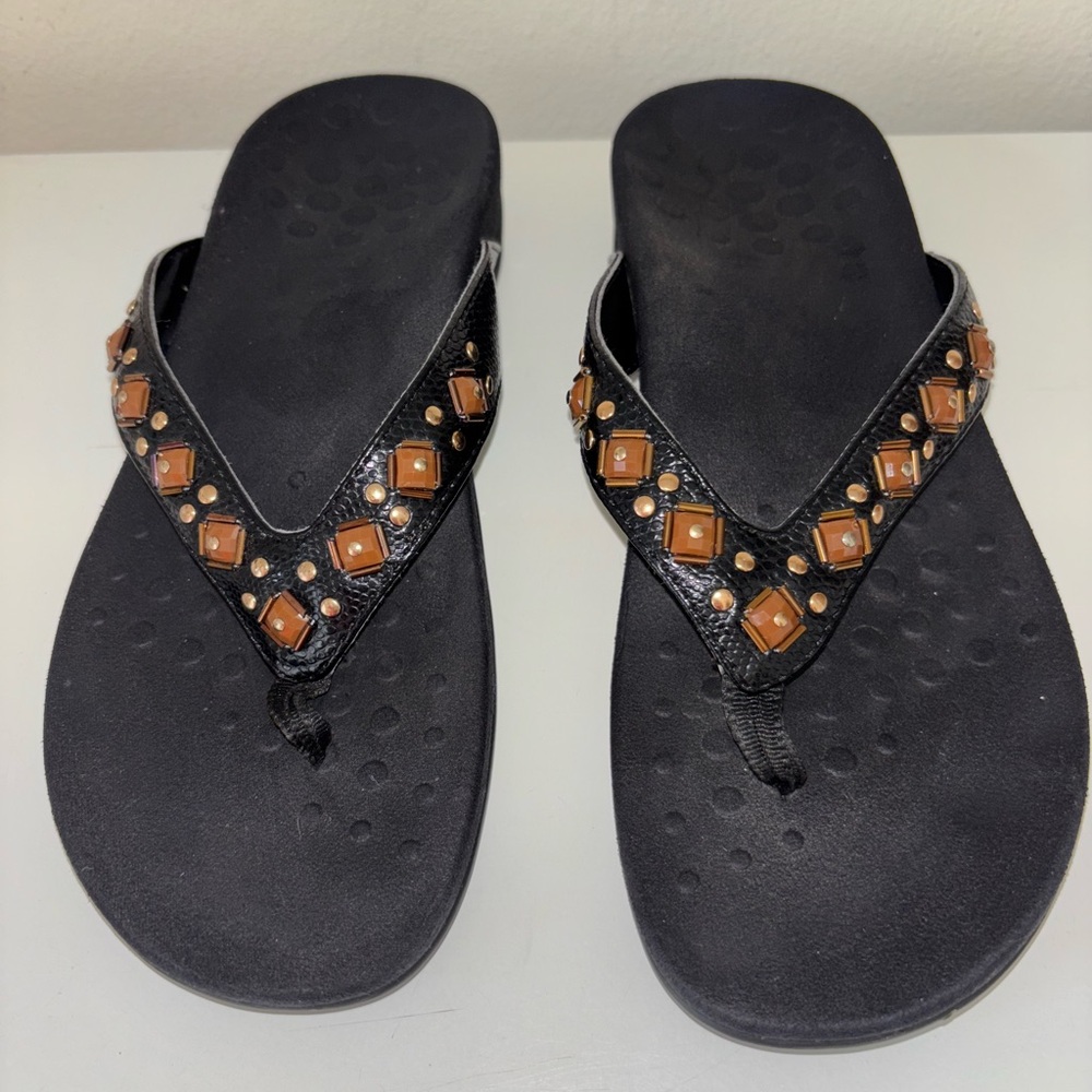 Vionic Black Sandals with Brown Embellishments